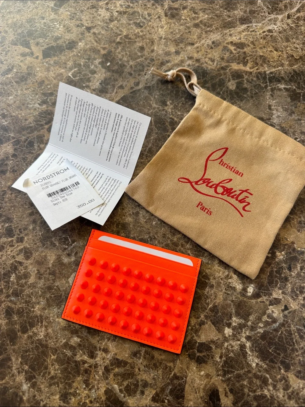 Christian Louboutin kios neon orange spike wallet card case with bag